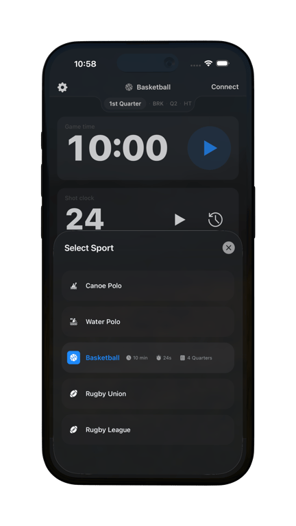 Arenachamp app sport selection sheet on a phone