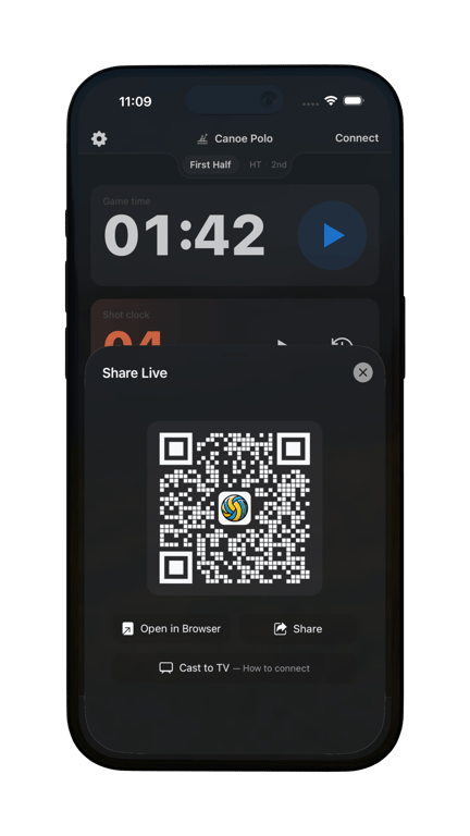 Arenachamp app Share Live QR code on a phone