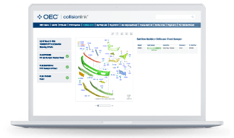 Laptop showing the OEC CollisionLink marketplace dashboard with a parts diagram and pricing panel