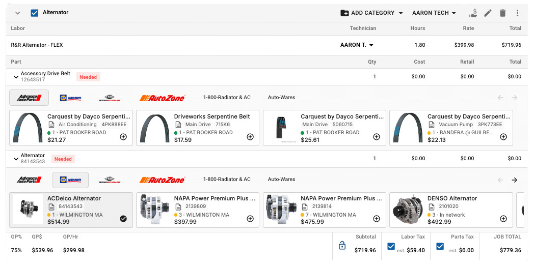 Tekmetric shop management software integrated with PartsTech