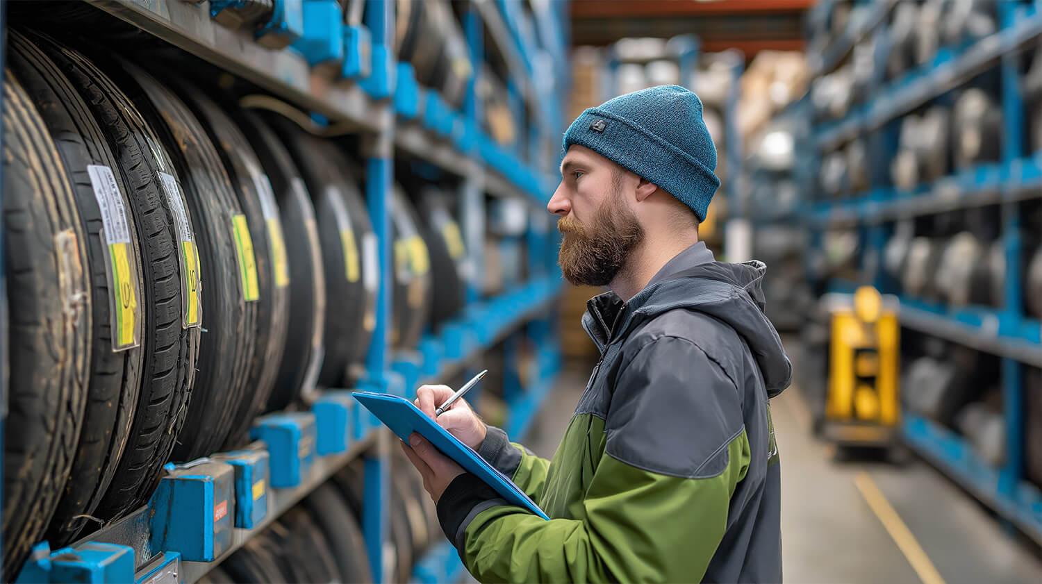 Male carrying out tire inventory