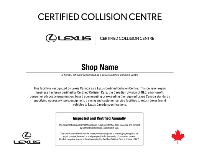 Lexus Certified Collision Centre certificate