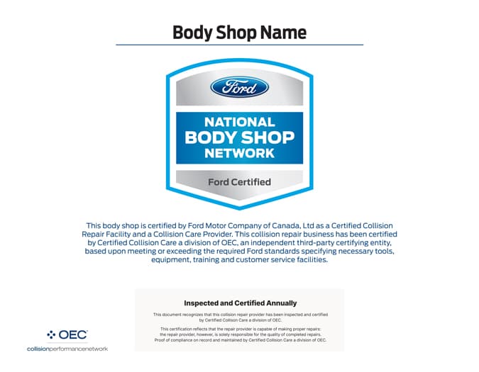 Ford National Body Shop Network certificate