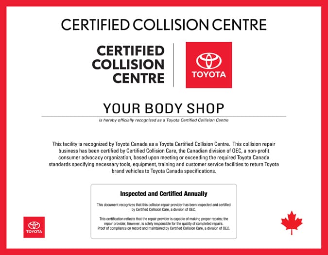 Toyota Certified Collision Centre certificate