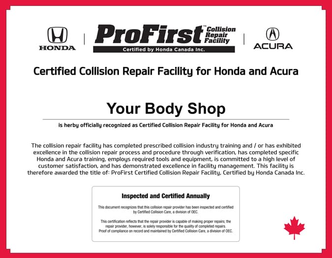 Honda and Acura ProFirst Certified Collision Repair Facility certificate
