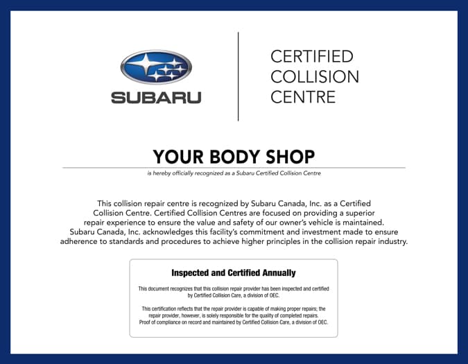 Subaru Certified Collision Centre certificate