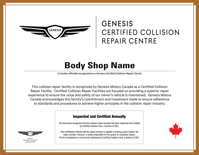 Genesis Certified Collision Repair Centre certificate