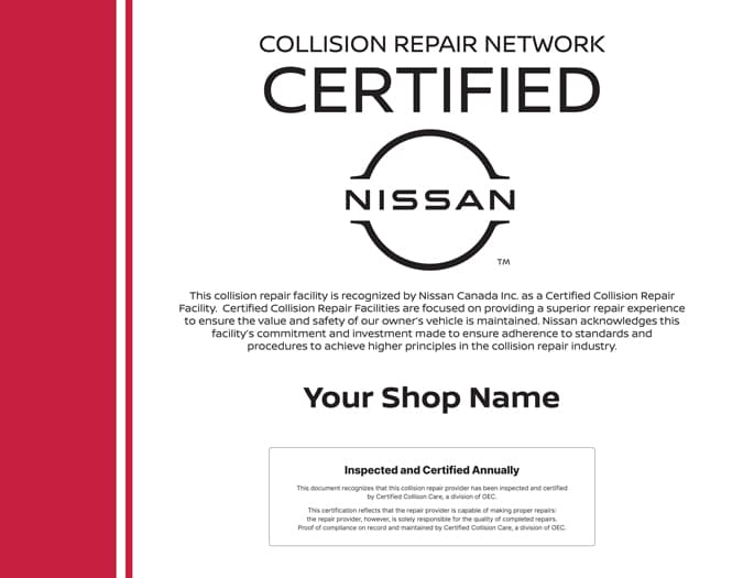 Nissan Certified Collision Repair Network certificate
