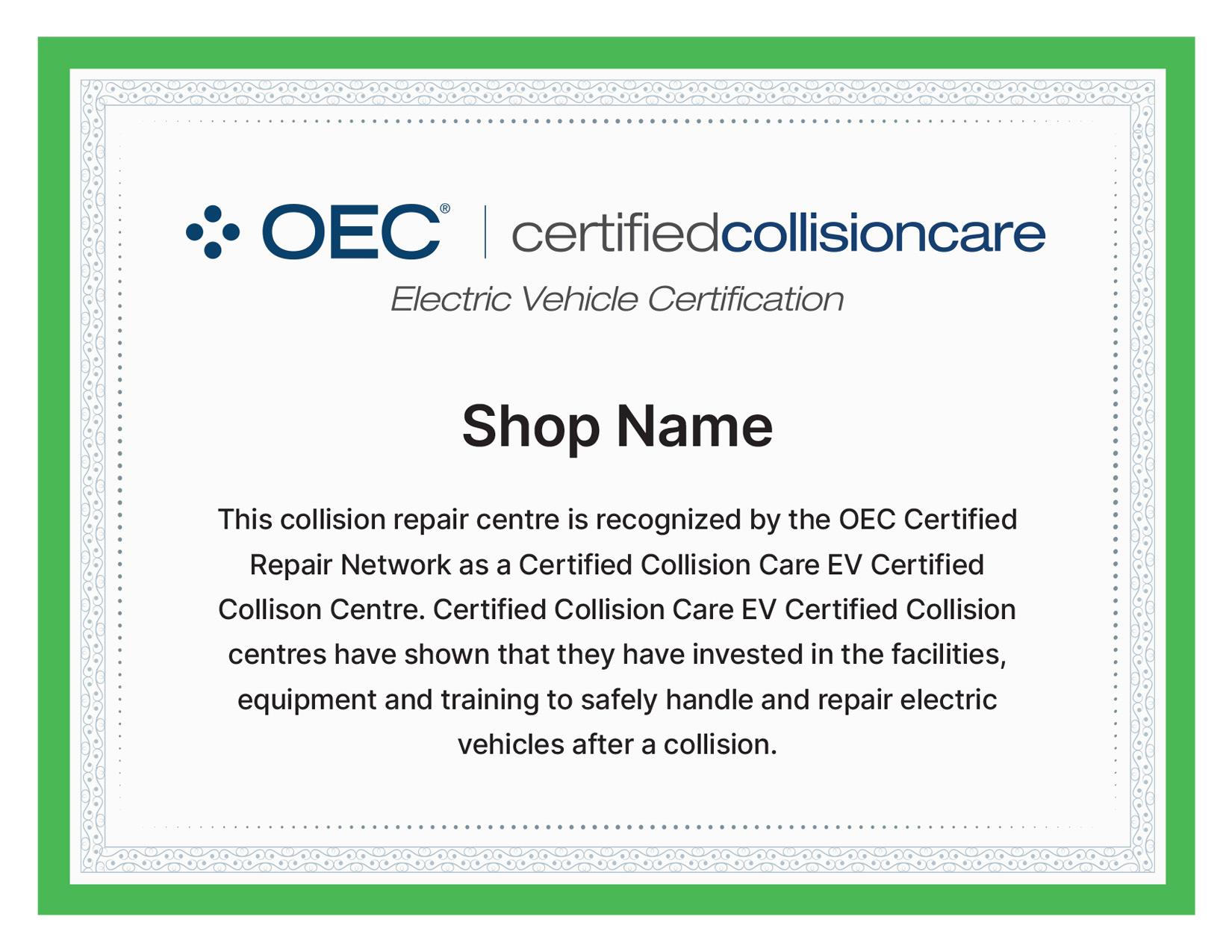 Certified Collision Care EV Certified Collision Centre certificate