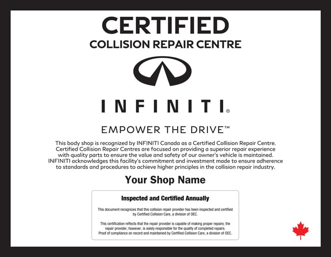 INFINITI Certified Collision Repair Centre certificate