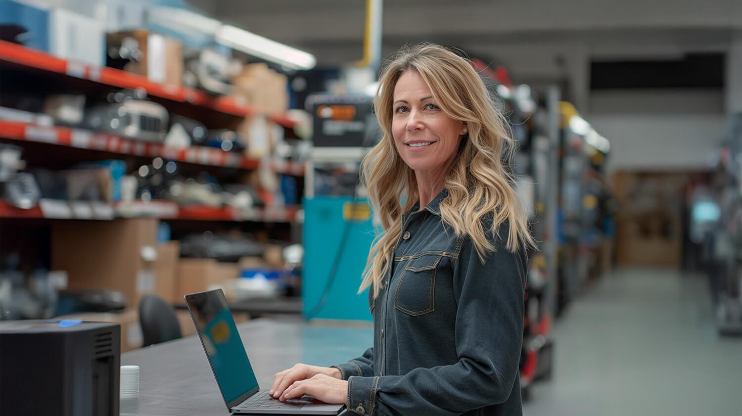 Female at laptop in bodyshop