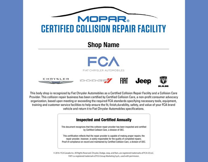 Mopar FCA Certified Collision Repair Facility certificate
