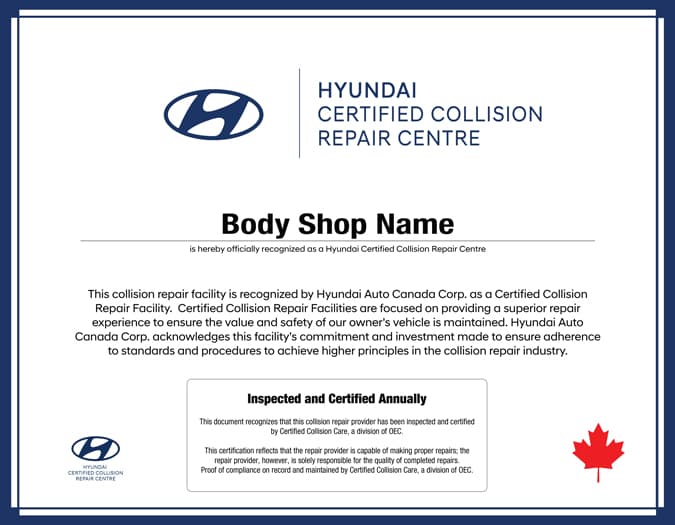 Hyundai Certified Collision Repair Centre certificate