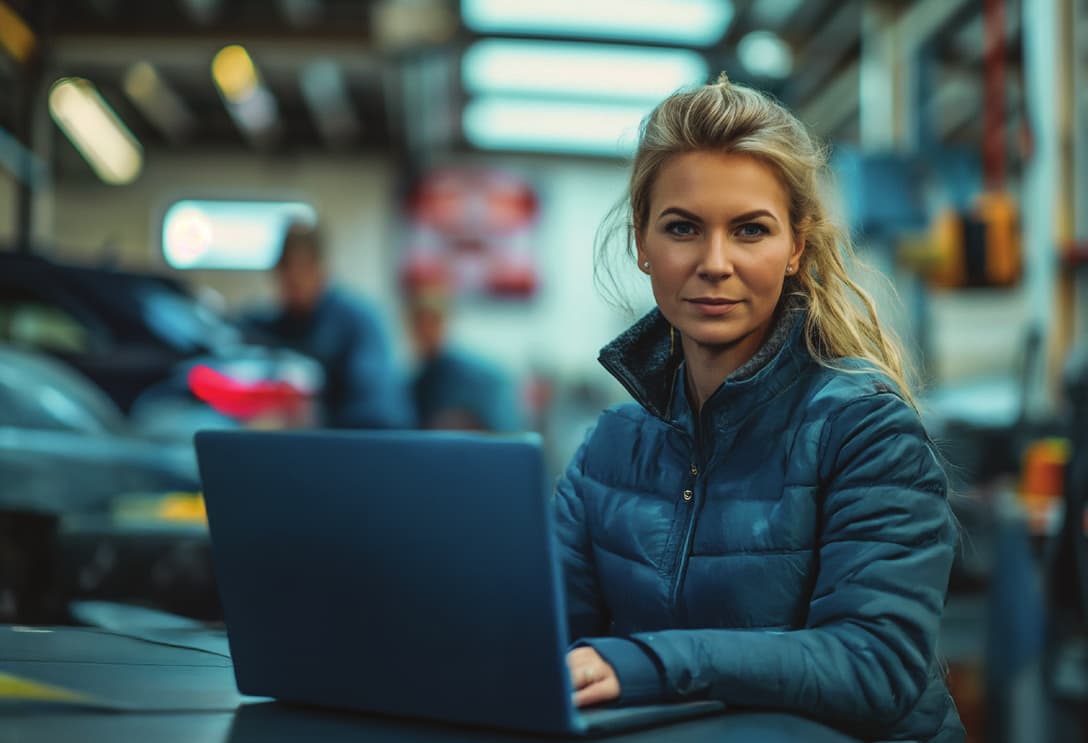 A dealership parts professional working on a laptop in a service shop