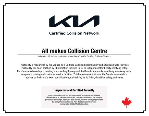 Kia Certified Collision Network certificate