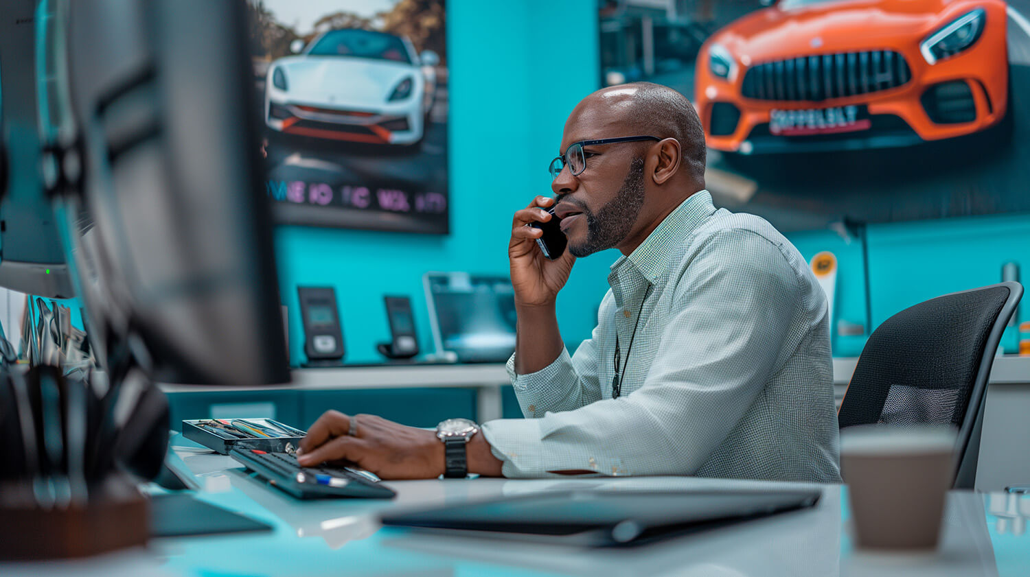 Middle aged professional male in office at computer