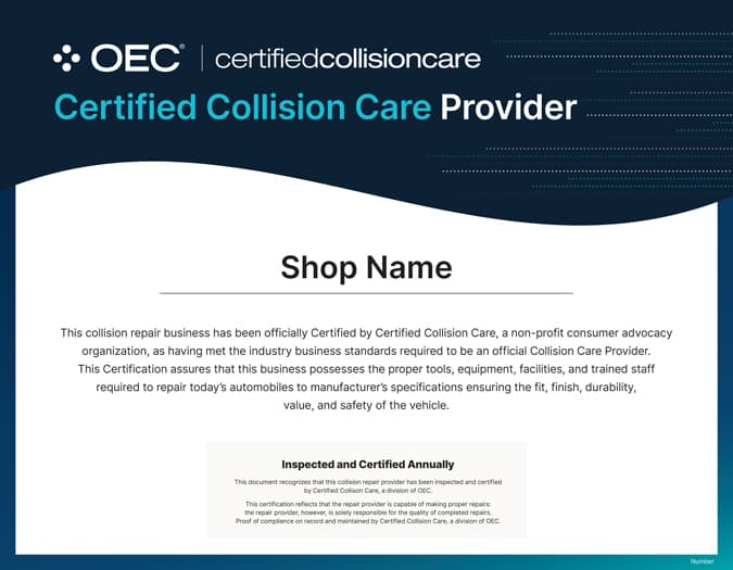 Certified Collision Care Provider certificate