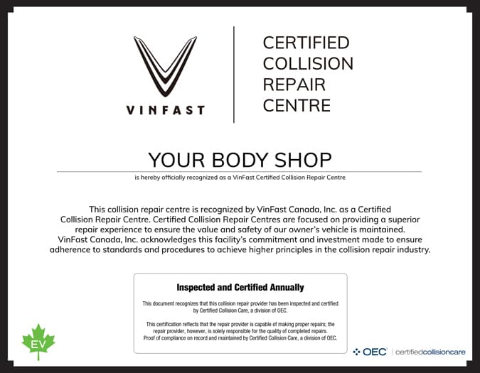 VinFast Certified Collision Repair Centre certificate