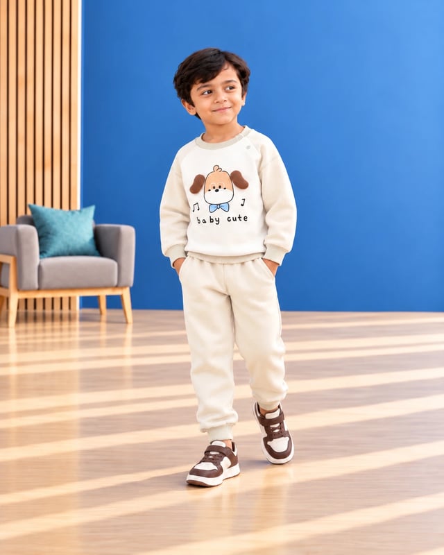 Baby Cute Boys' Puppy Print Tracksuit – Cream