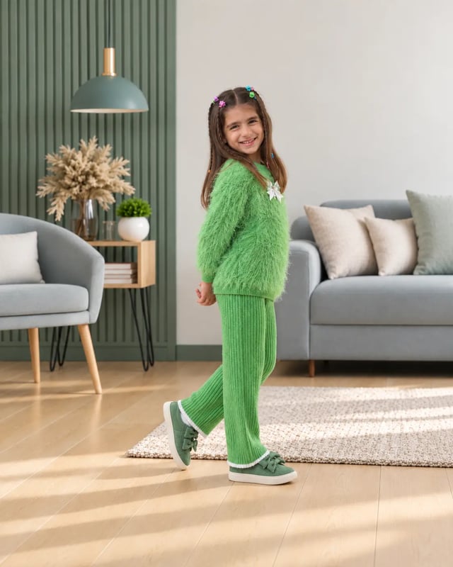 Girls Green Fuzzy Knit Sweater & Ribbed Pants Set with Bow Detail