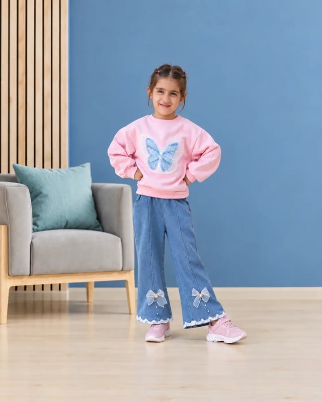 Girls Pink Butterfly Embroidered Sweatshirt With Denim Flare Pants Set