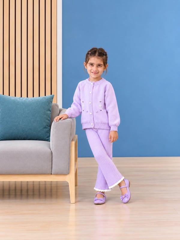 Girls Lilac Floral Knit Cardigan & Flared Trouser Set