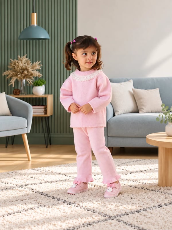 Girls Baby Pink Lace Collar Knitted Sweater & Trouser Set