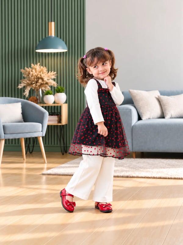 Girls Black Red Heart Print Pinafore & White Trouser 3-Piece Set