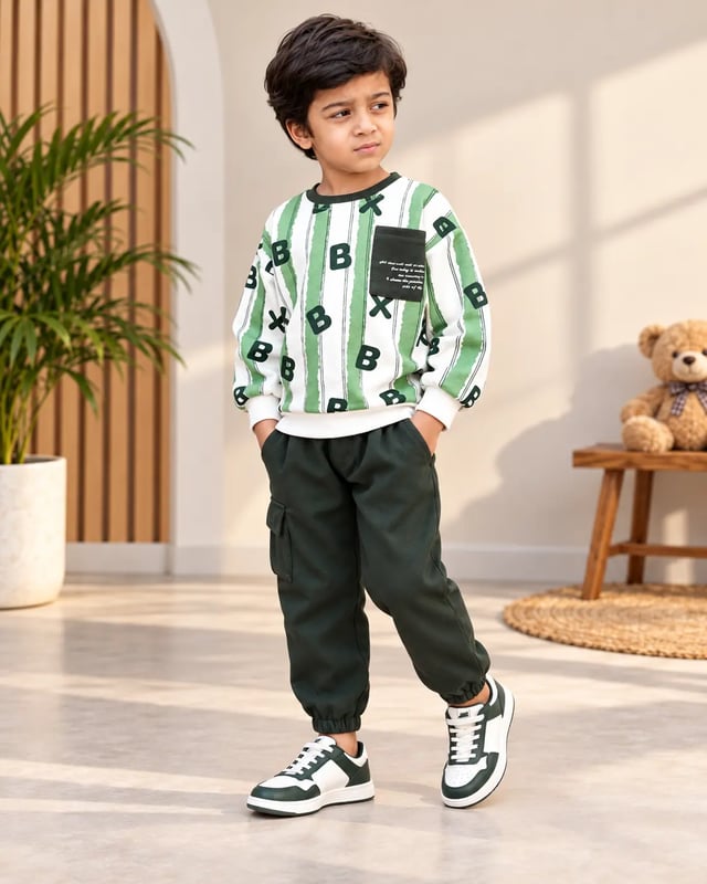 Boys' Green & White Printed Tracksuit with Cargo Trousers