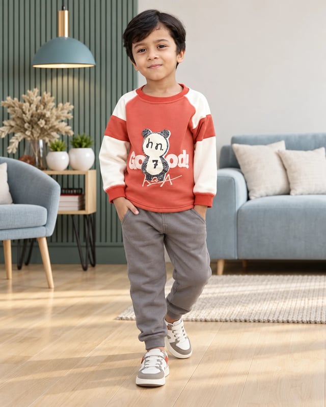Kids Panda Graphic Sweatshirt – Rust & Grey
