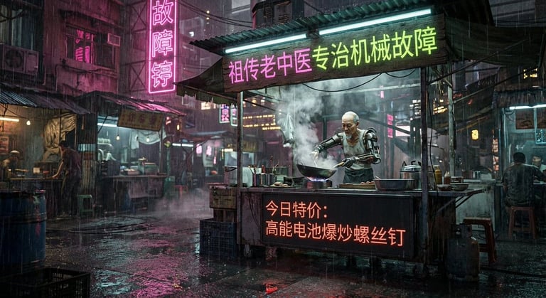 Cyberpunk 80s Chinese street stall scene