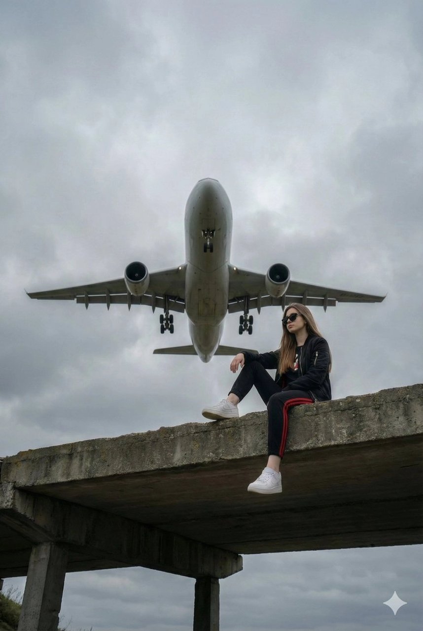 Surreal Low-Angle Portrait with Low-Flying Airplane Prompt