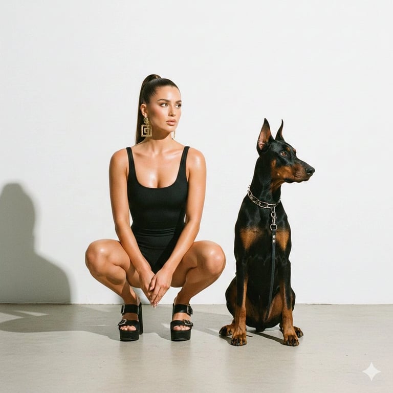 model and dog in photoshoot