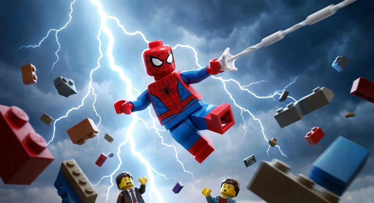 Epic LEGO Spider-Man movie poster scene - AI generated image using Nano Banana Pro prompt