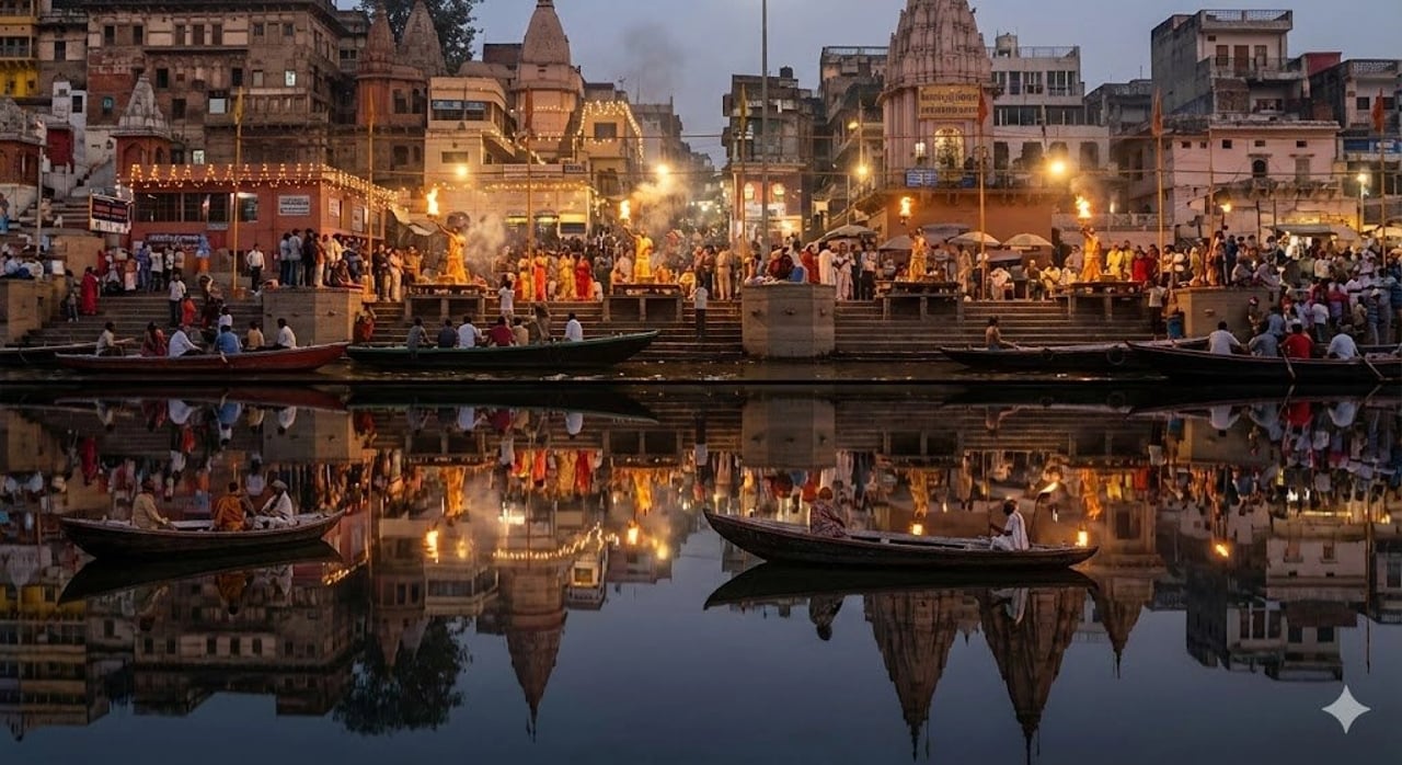 Varanasi ghats dual-timeline reflection scene