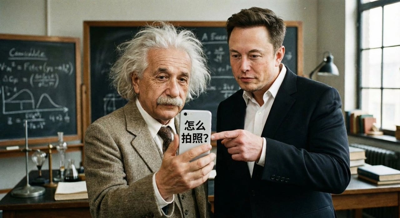 Einstein learning selfies from Elon Musk (Chinese)