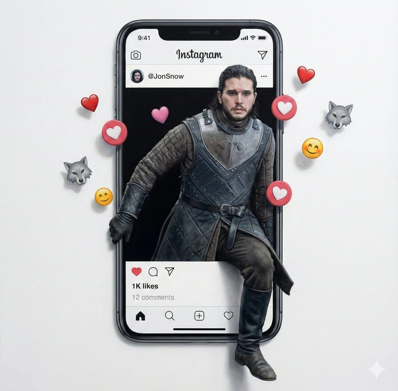 Trompe l'oeil subject stepping out of social media screen