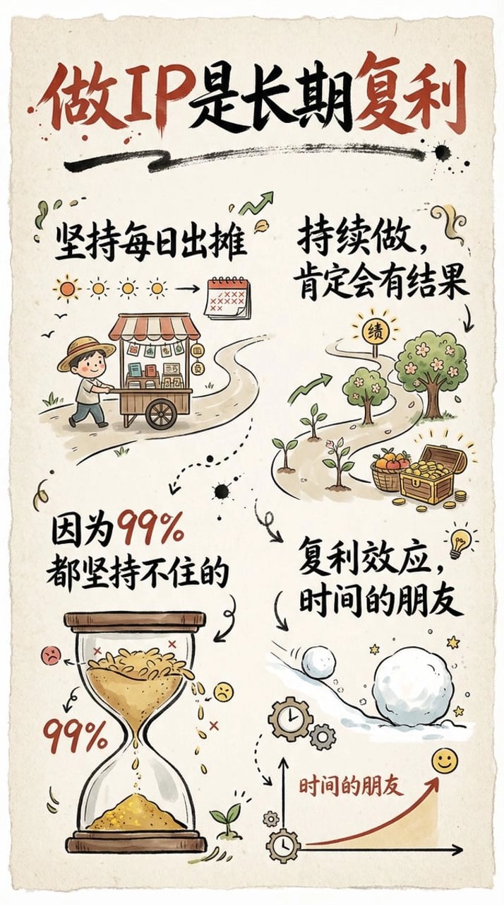 Hand-drawn infographic card about long-term IP building