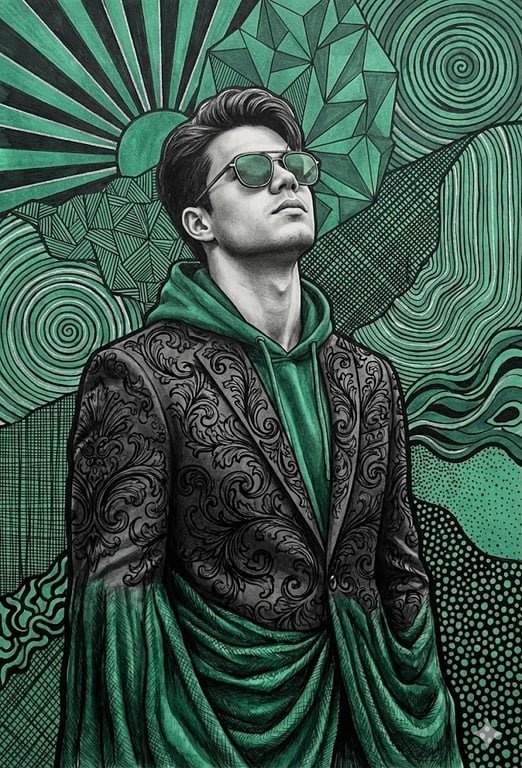 Emerald and Charcoal Mixed-Media Pop Realism Portrait Prompt