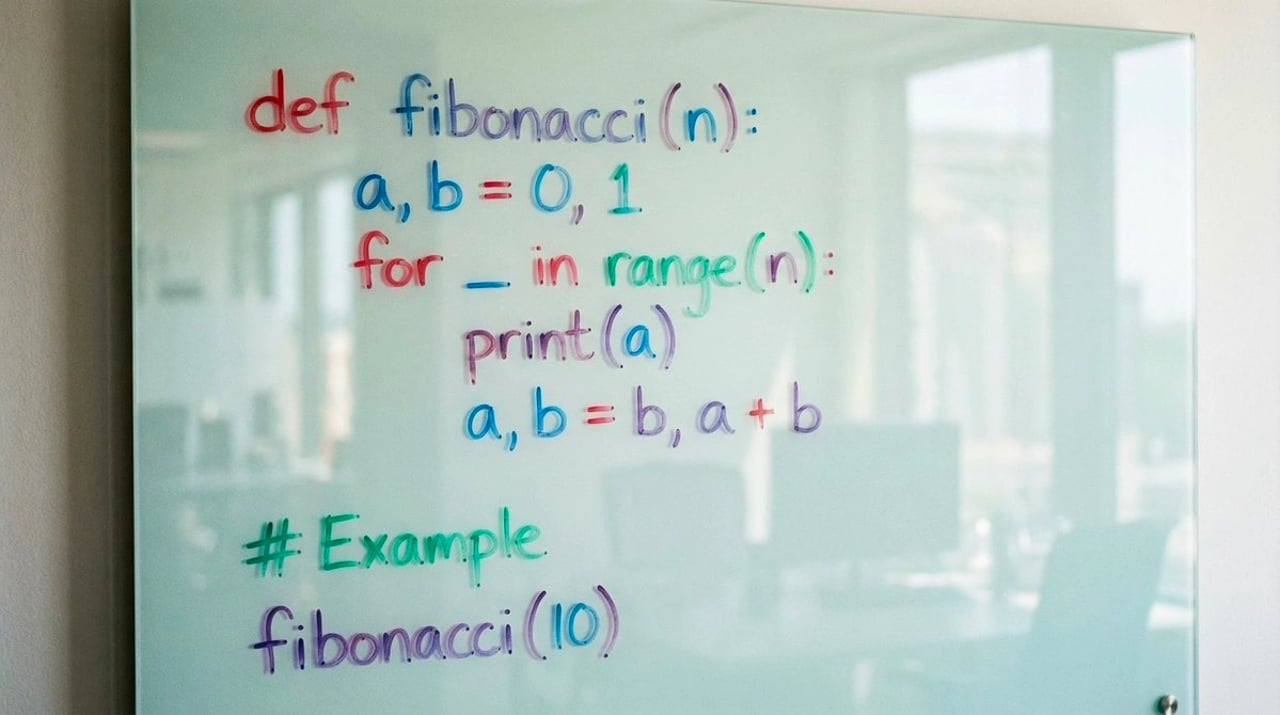 Python Fibonacci code on glass whiteboard