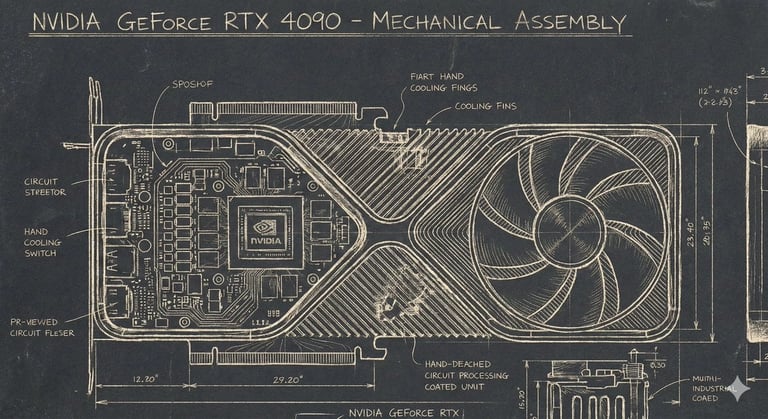 Sgraffito Mechanical Blueprint of NVIDIA 4090 GPU