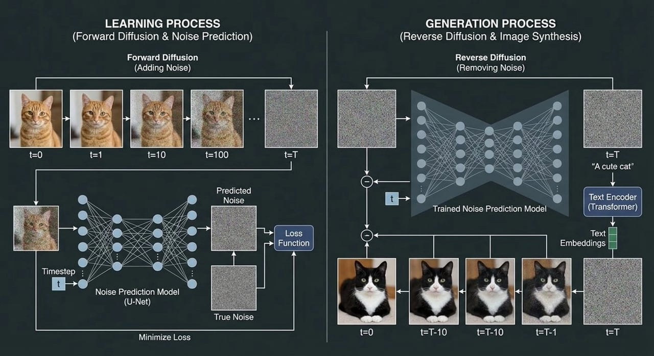 Diffusion model process diagram with cat and noise images