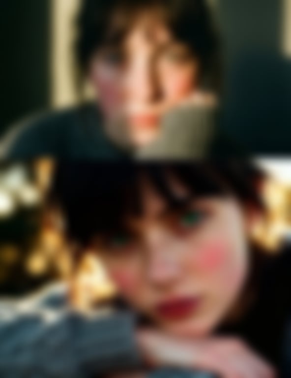 Cinematic close-up portrait with green eyes and knit sweater - Blurred AI generated image using Nano Banana Pro prompt