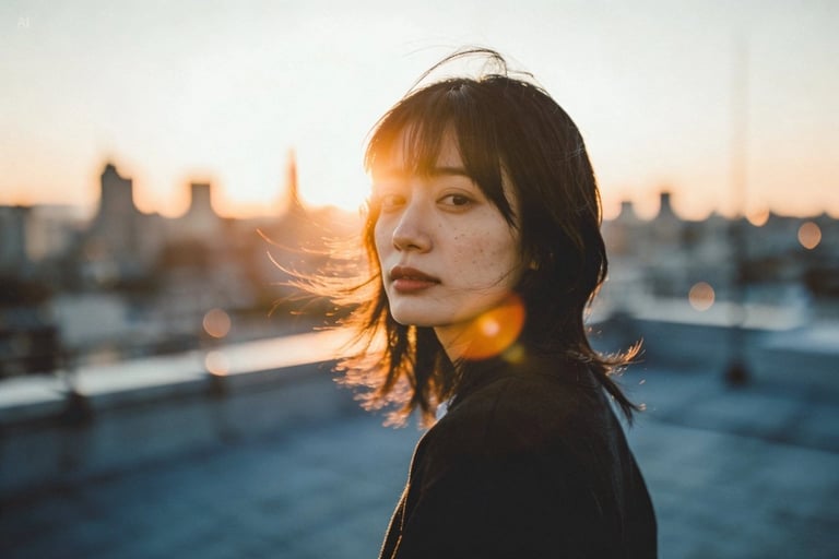 Golden hour rooftop portrait photography prompt
