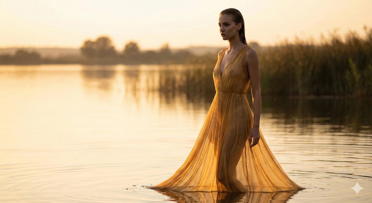 Female model standing in lagoon at sunset - AI generated image using Nano Banana Pro prompt