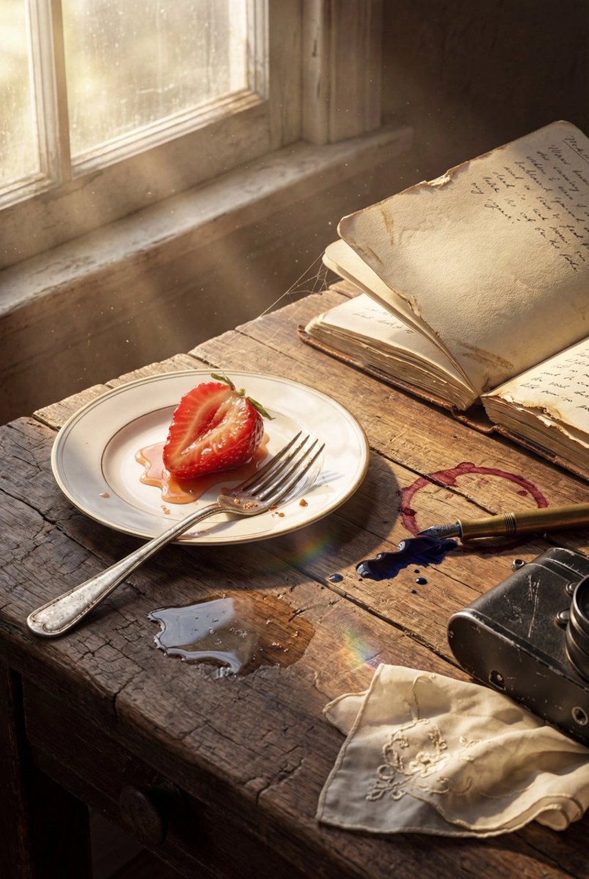 Highly detailed 8K morning still life desk scene prompt