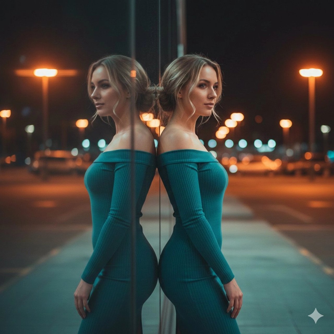 Neon-Lit Mirror Reflection Portrait Prompt