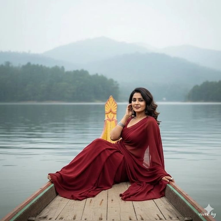Serene Lake Portrait (Woman in Saree on a Boat)