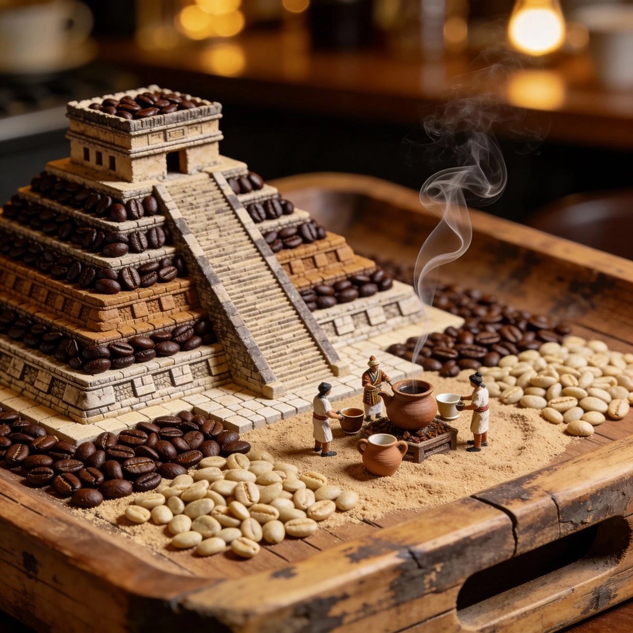 Hyperrealistic Mayan Pyramid Coffee Bean Miniature Prompt