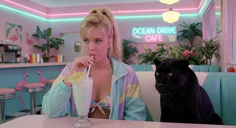 80s Miami diner bikini selfie with panther